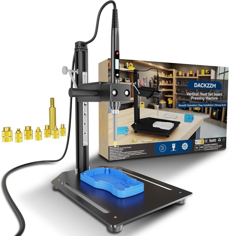 DACKZZM Vertical Heat Set Insert Tool Pressing Machine with 80w Soldering Iron Brass Threaded Inserts Tool M2-M8 Tip Adapter for 3D Printed Components DIY Plastic Parts - Image 1